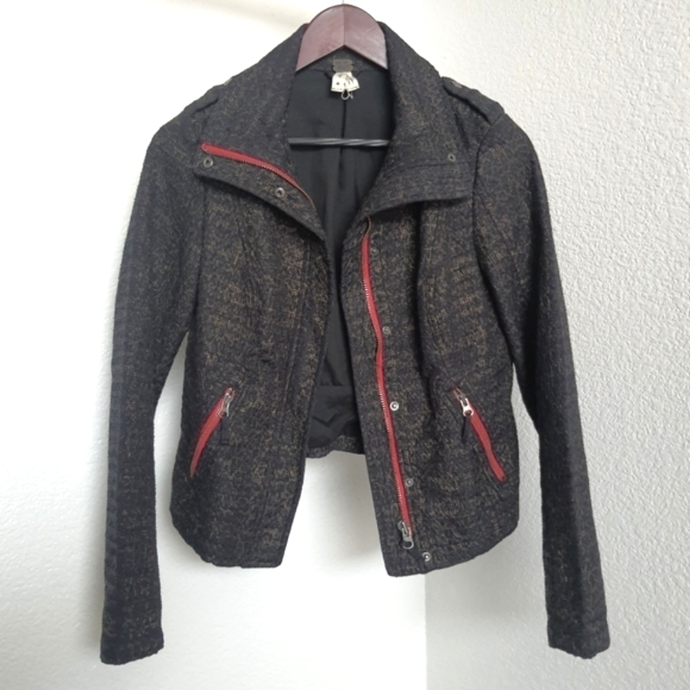 We The Free Moto Jacket High Neck Zip Button Black Red Leopard